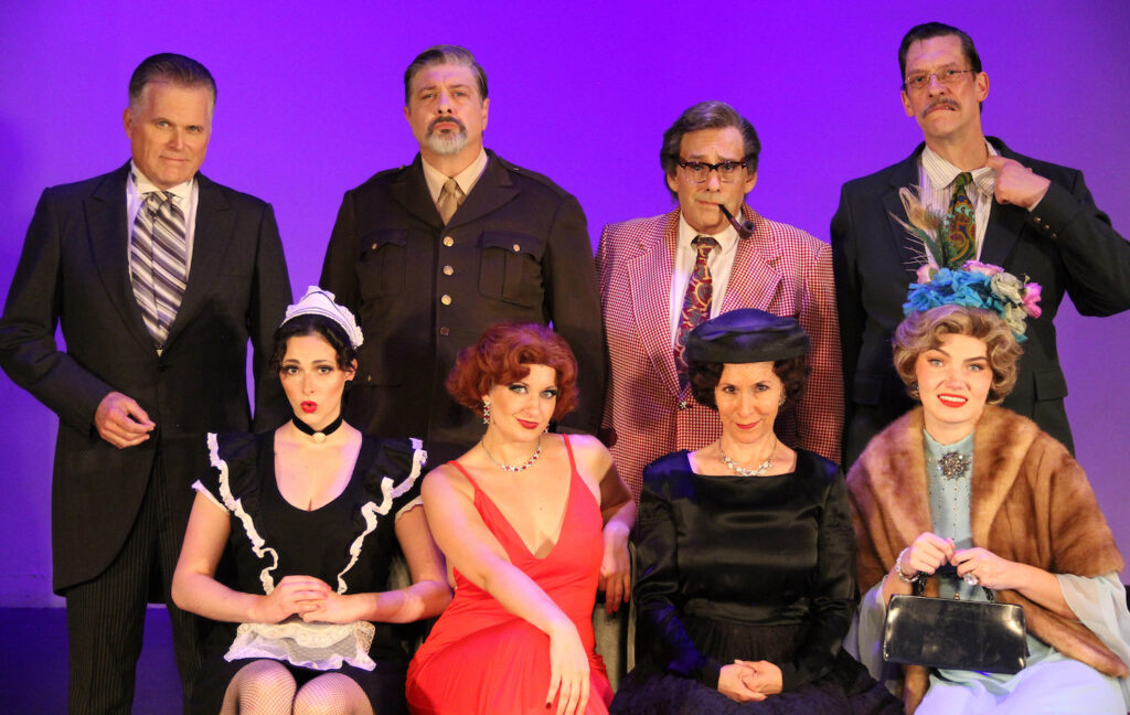Barn Theatre Clue Press Photo Picture ID: L to Right Back row: Robert Newman, Lance Barber, John Jay Espino, Charlie King Front row: Gabrielle Bieder, Melissa Cotton Hunter, Penelope Alex, Allena Evans
